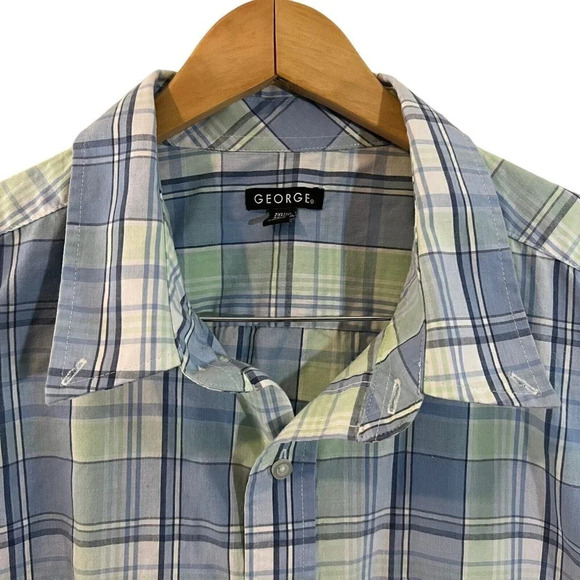 George Short Sleeve Button Up Collared Shirt 2XL Mint Green Light Blue Plaid Top - Picture 4 of 6